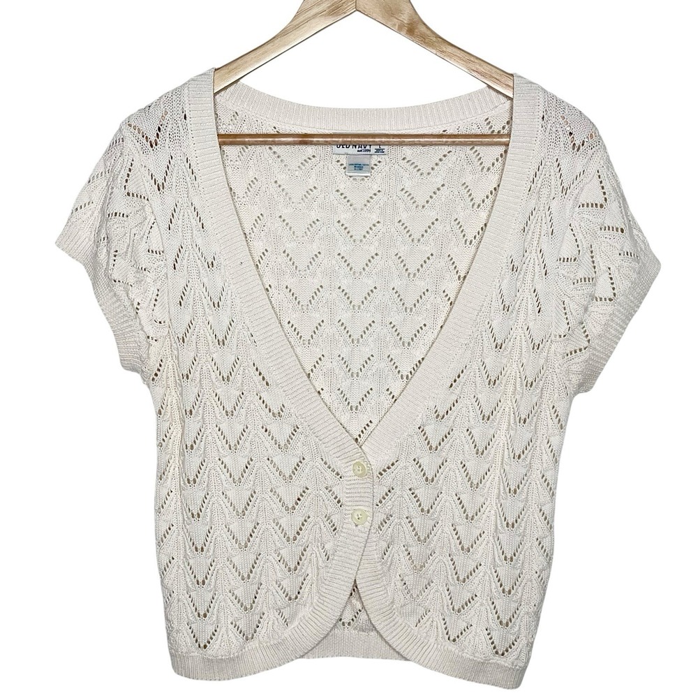 Old Navy Vtg Y2K Pointelle Knit Short Sleeve Cardigan Sz L Cottage Fairy Cream